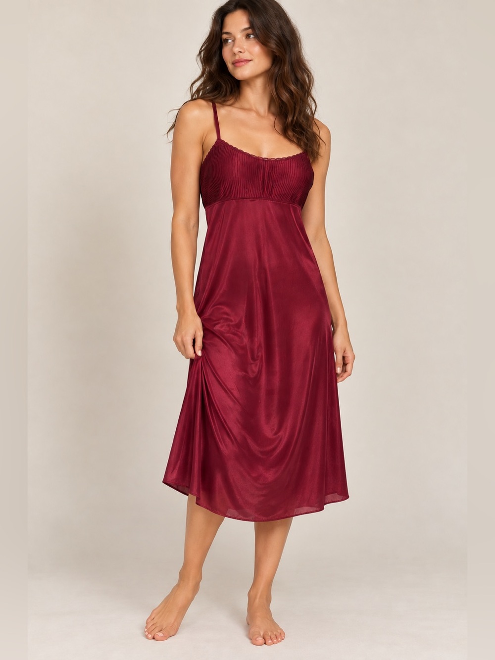 Vintage Vanity Fair Sample Nylon Nightgown Burgundy Pleated USA Made